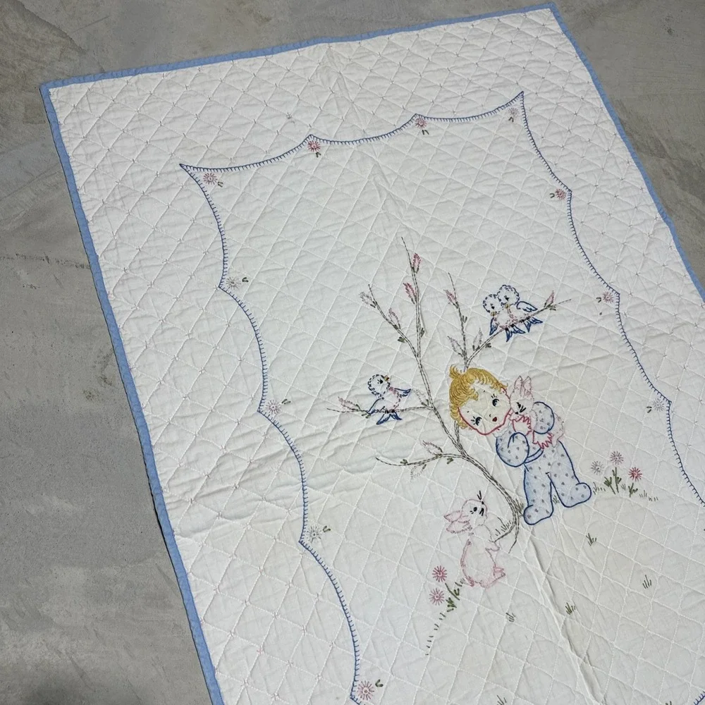 Vintage Handmade Patchwork Bunny Birds Cross Stitched Baby Quilt 29